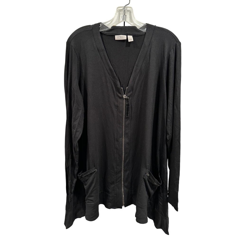 LOGO Lori Goldstein XL Black Zip Front Knit Tunic Cardigan Pockets
